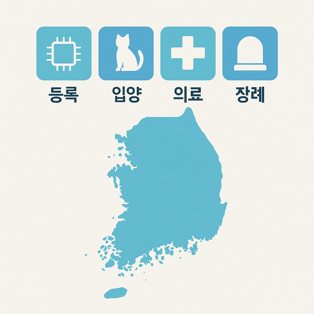 대한민국 지도 위에 ‘등록·입양·의료·장례’ 아이콘 4개가 정렬된 정보 그래픽, 밝은 톤 벡터