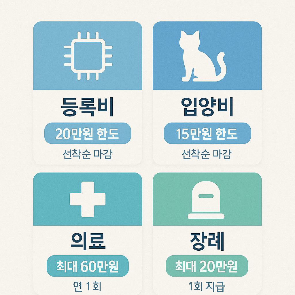 지원 유형별 카드 UI(등록비·입양비·의료/장례), 각 카드에 금액/조건 요약 태그