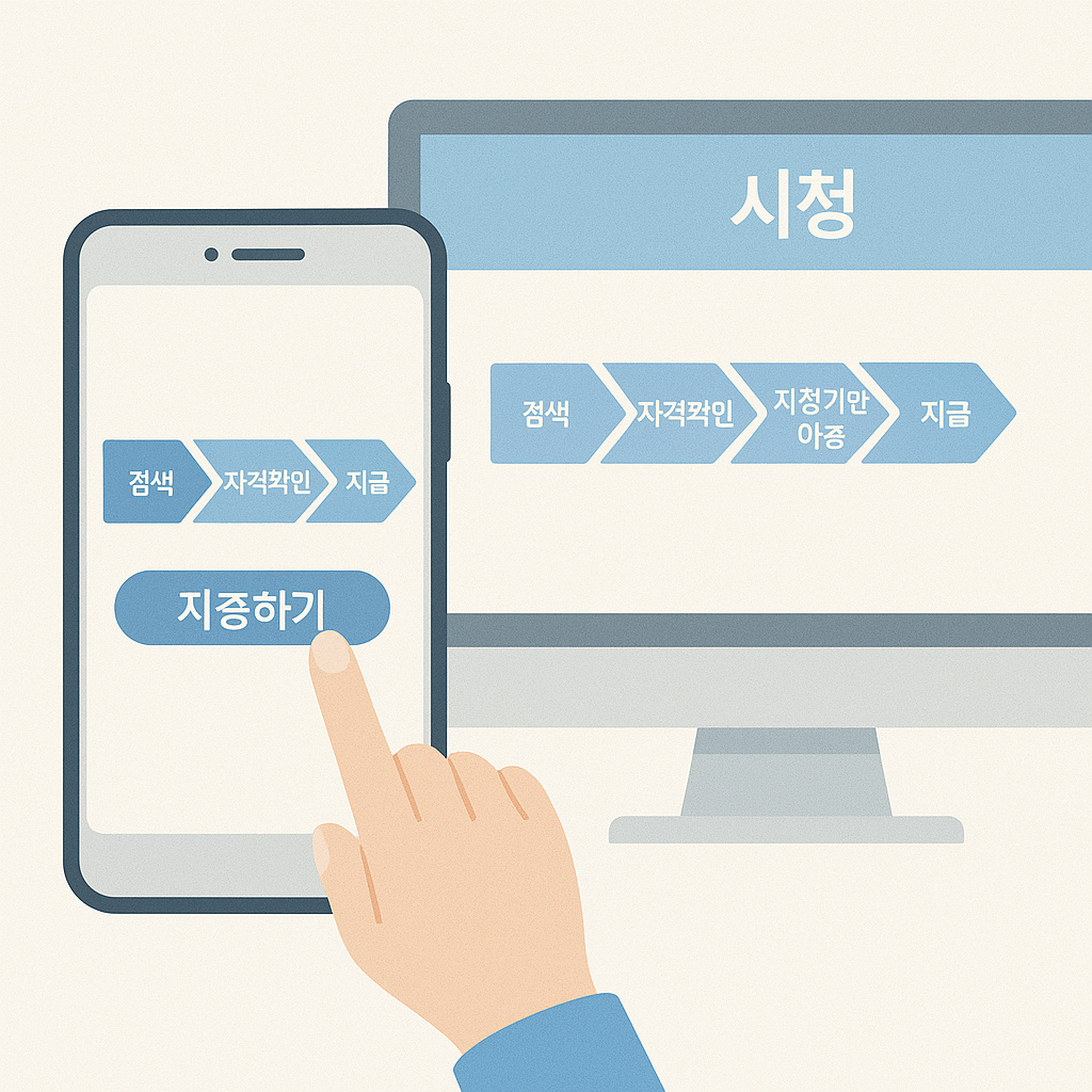 5단계 진행 바 UI(검색→자격확인→지정기관 이용→서류제출→지급), 휴대폰과 시청 홈페이지가 함께 보이는 목업