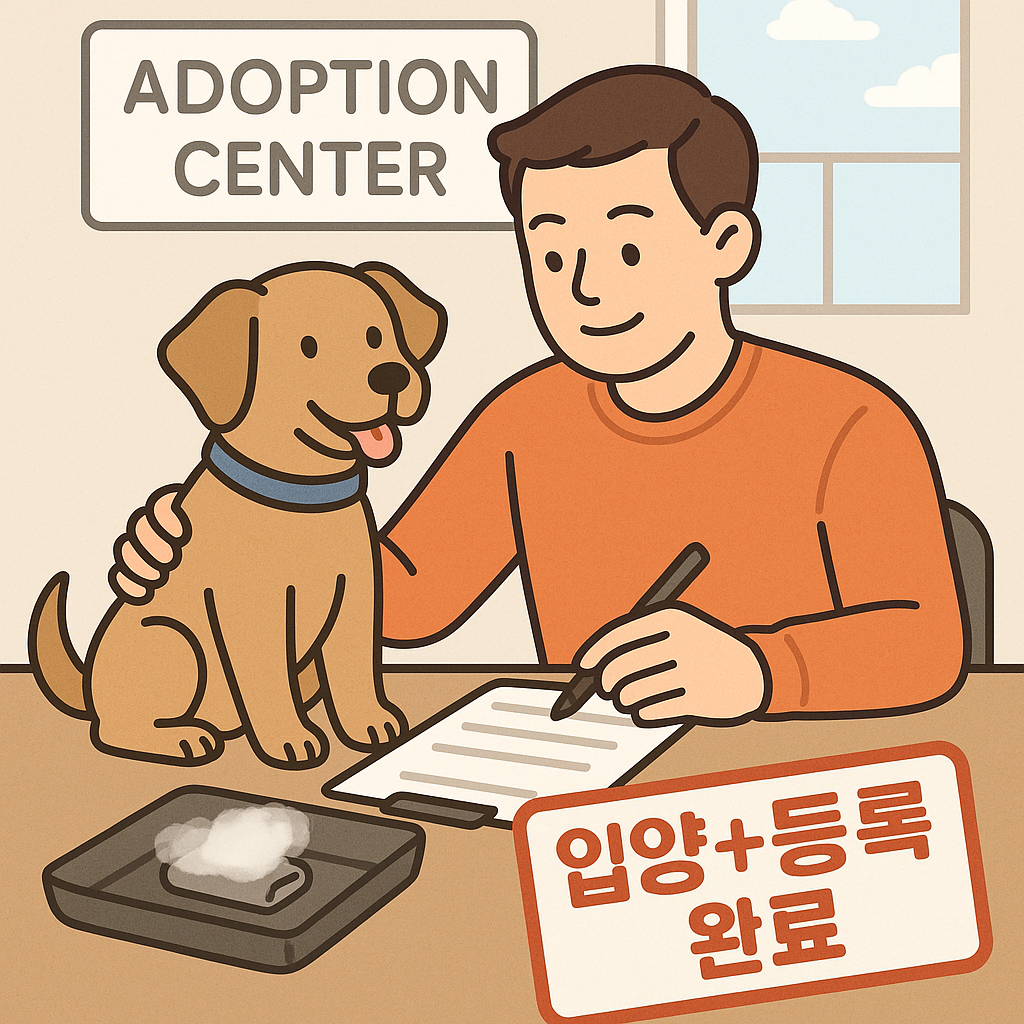 보호센터에서 입양 서류를 작성하는 청년과 반려견, ‘입양+등록 완료’ 스탬프가 찍힌 일러스트