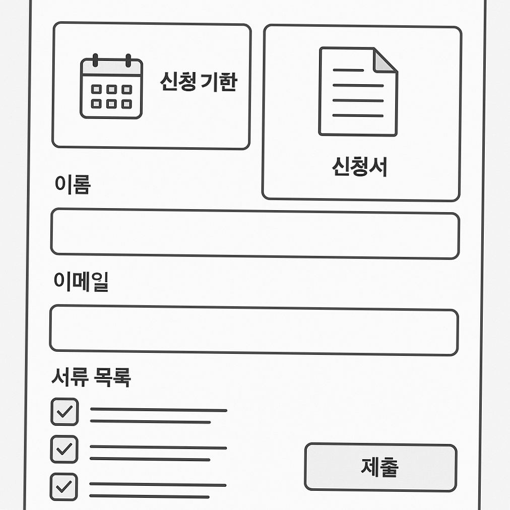 온라인 신청 화면 와이어프레임, 달력(신청기한) 아이콘, 체크 서류 리스트 인포그래픽