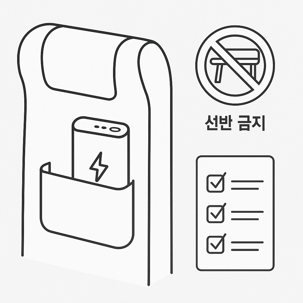 항공기 좌석 앞 포켓에 보조배터리를 보관하는 일러스트, ‘선반 금지’ 아이콘, 체크리스트 인포그래픽