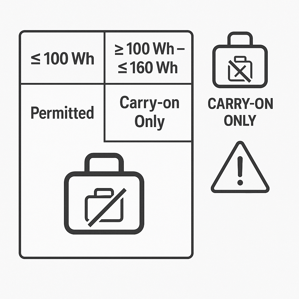 100Wh/160Wh 경계선을 강조한 규정 요약 표, ‘Carry-on Only’ 아이콘, 경고 표시
